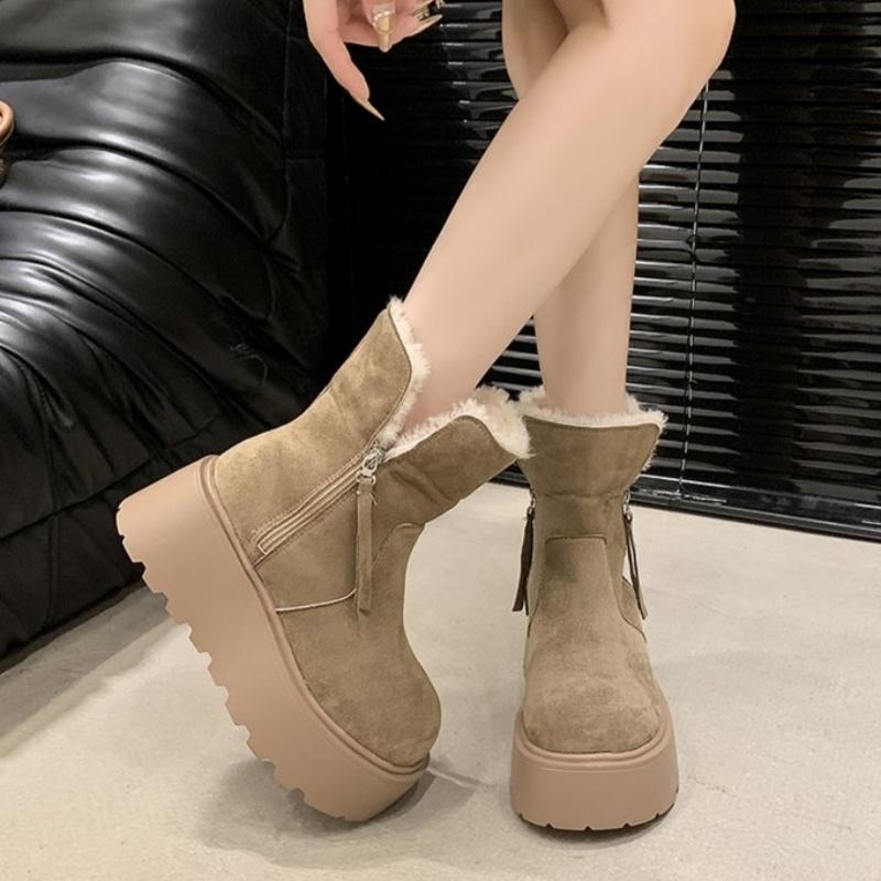 Женские меховые ботильоны на платформе, зимние ботинки на плоской подошве, замшевые теплые плюшевые хлопковые туфли, женская зимняя обувь 2025 года, готические, удобные, нескользящие, Botas Mujer