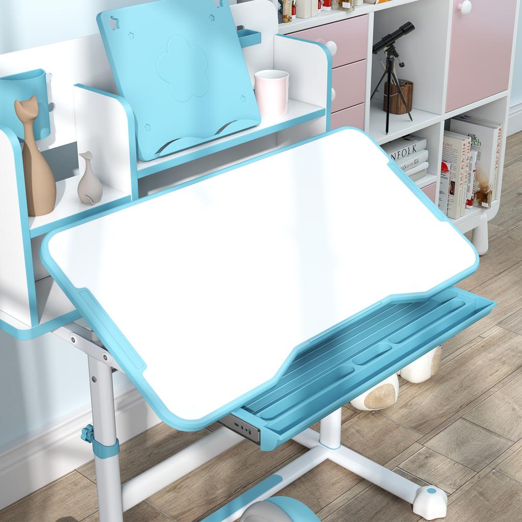 Adjustable Desk and Chair Set for Children, School Desk with Tiltable Top, Drawer, Shelf, Blue