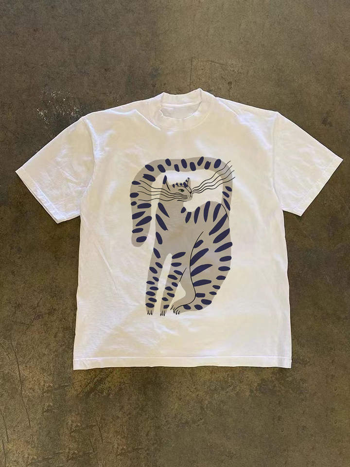 Fashionable Heavyweight Pure Cotton T-Shirt American Design Grey Print Casual Loose Fit Summer Top for Men and Women