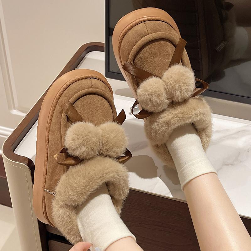 Fashion Winter Women's Snow Boots Cute Hairball Cotton Shoes Waterproof Platform Ankle Boots Outdoor Comfort Thick Soled Plush Booties