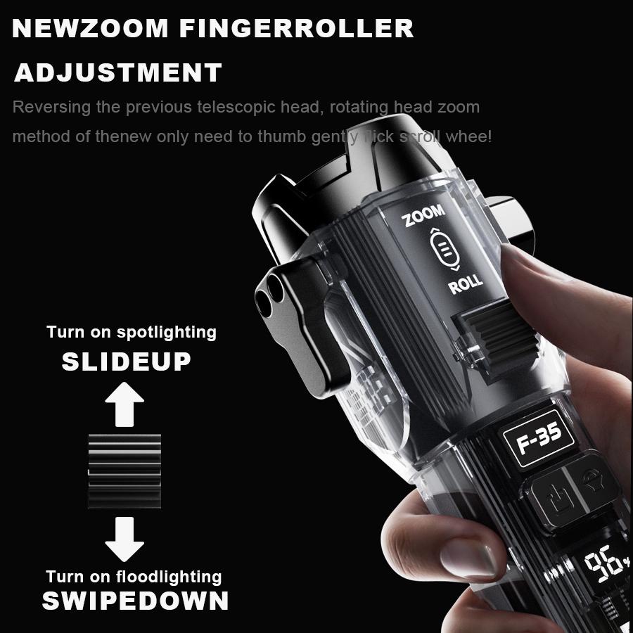 KDULIT Multifunction LED Dual Light Source Flashlight Built-in 1800mAh Battery Type-C Rechargeable Emergency Slide Zoom Torch