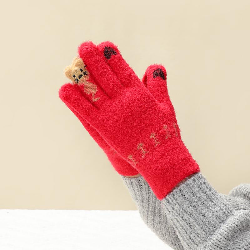 Женские зимние теплые красные шерстяные перчатки с лисой - Сенсорные и непродуваемые