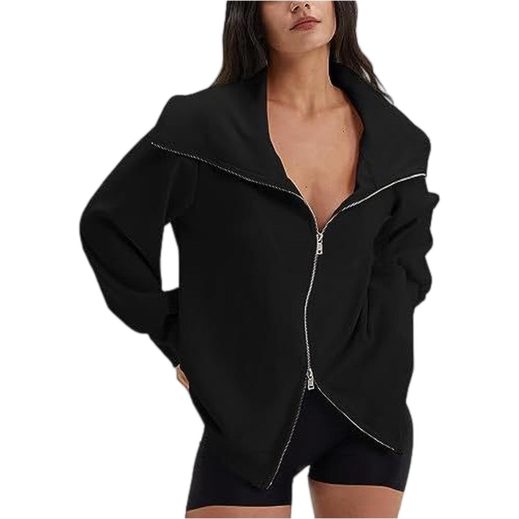 Women's Comfortable Casual And Fashionable V-neck Long Sleeved Solid Color Double Zipper Sports Shirt Jacket