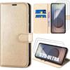 Protective Case - BOOLING - for Samsung Galaxy S25 Ultra - Golden Leather Effect - 2 Tempered Glasses - Shockproof