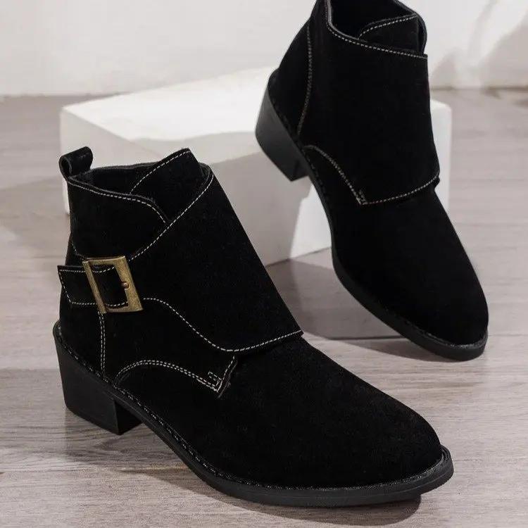 Large Size Ankle Boots for Women Autumn Winter Suede Pointy Toe Chunky Middle Heels Women Shoes Black Brown Short Chelsea Botas