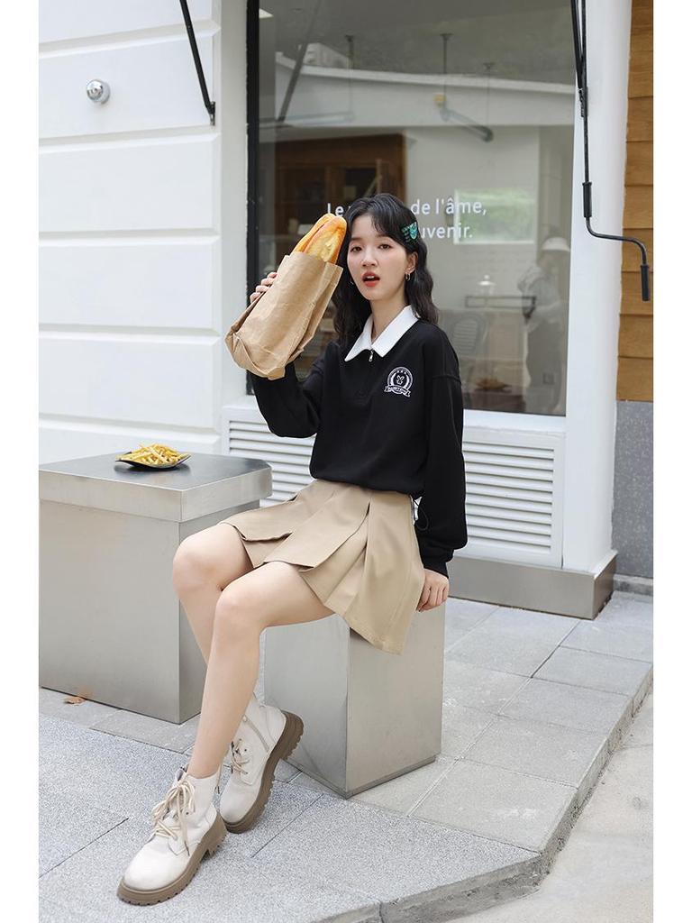 Женский пуловер с вышивкой в стиле ретро, с поло-воротником и застежкой-молнией до половины - Длинный рукав, Весна/Осень 2025