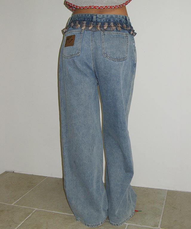 Ronron Check Frill Layered Denim Pants Light Blue
