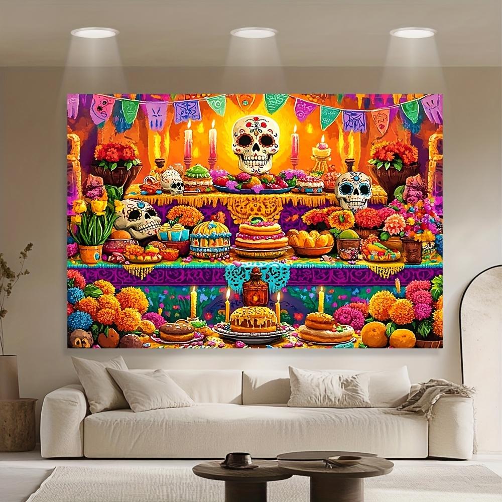 One "Day of the Dead" themed backdrop cloth featuring flowers and food