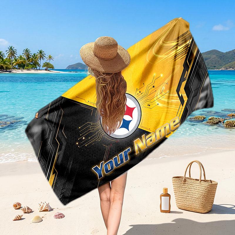Pittsburgh Steelers Customized Name Text Beach Towel, Soft Absorbent Towel Beach Pool Travel Personal Gift