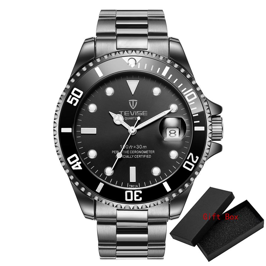 Fashion Tevise Men's Diver Style Quartz Full Stainless Steel Band And Luminous Dial Waterresistant Buseiness Watches