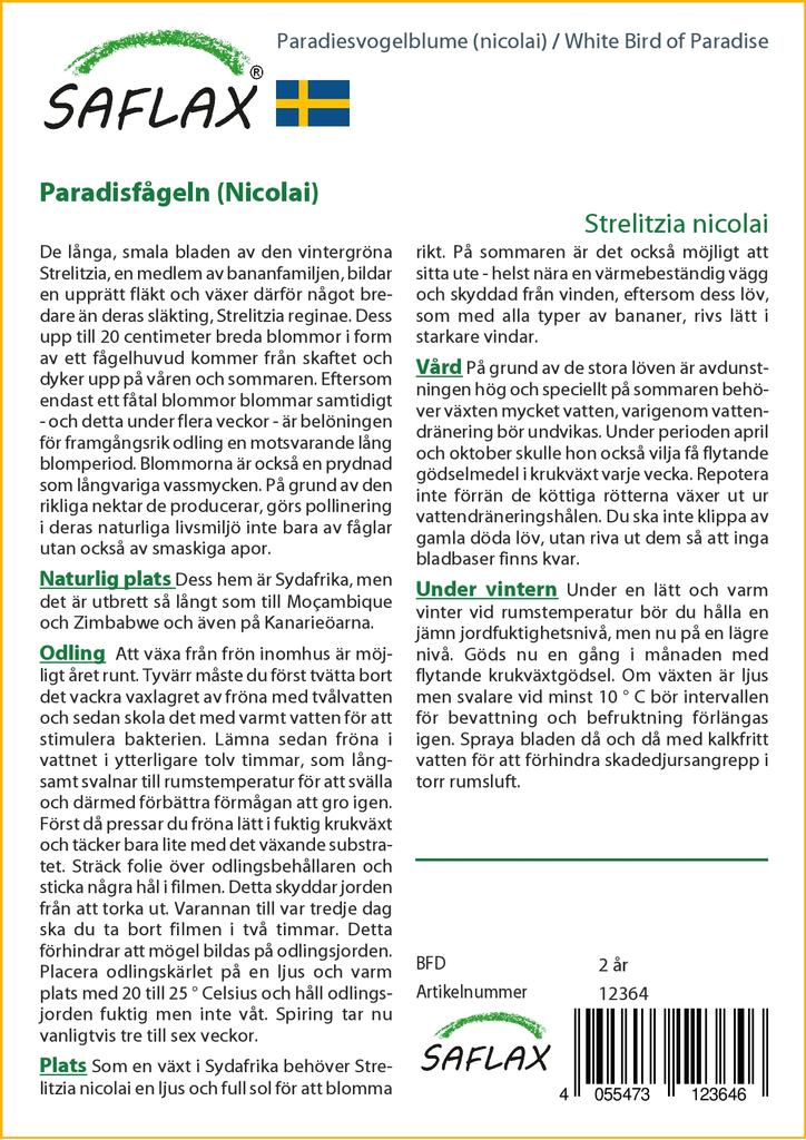 SAFLAX White Bird of Paradise - 5 семян - С горшечным субстратом для лучшего выращивания - Strelitzia nicolai