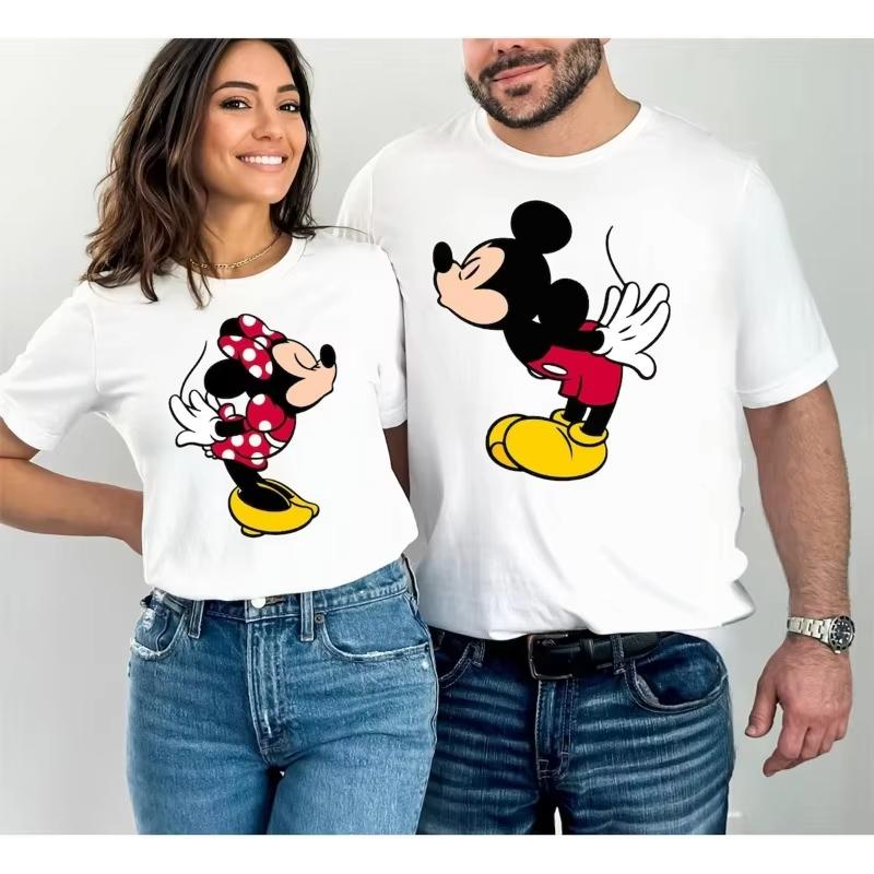 MINISO Disney Mickey and Minnie Print Couples T-shirt For Men Women Cotton Short Sleeve O-neck Tees Summer Casual Oversized Tops