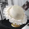 Straw hat elegant pearl lace straw hat women's spring new wide brim show face small outdoor sun hat