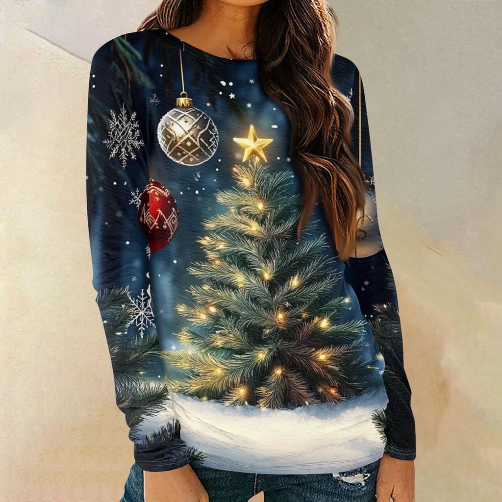 Женская мода круглый вырез пуловер с глубокими рукавами футболка с рождественским принтом топ