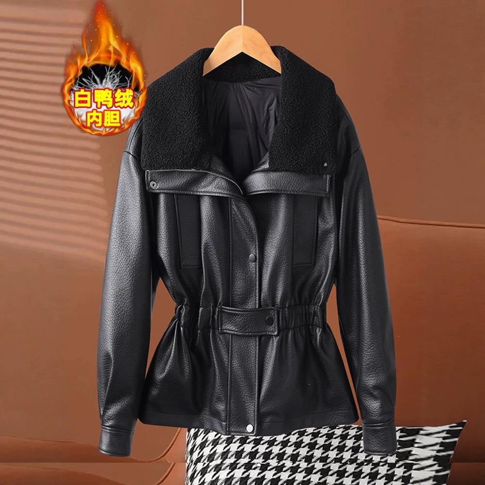 Autumn new fashion lapel design versatile lantern sleeves imitation leather jacket women