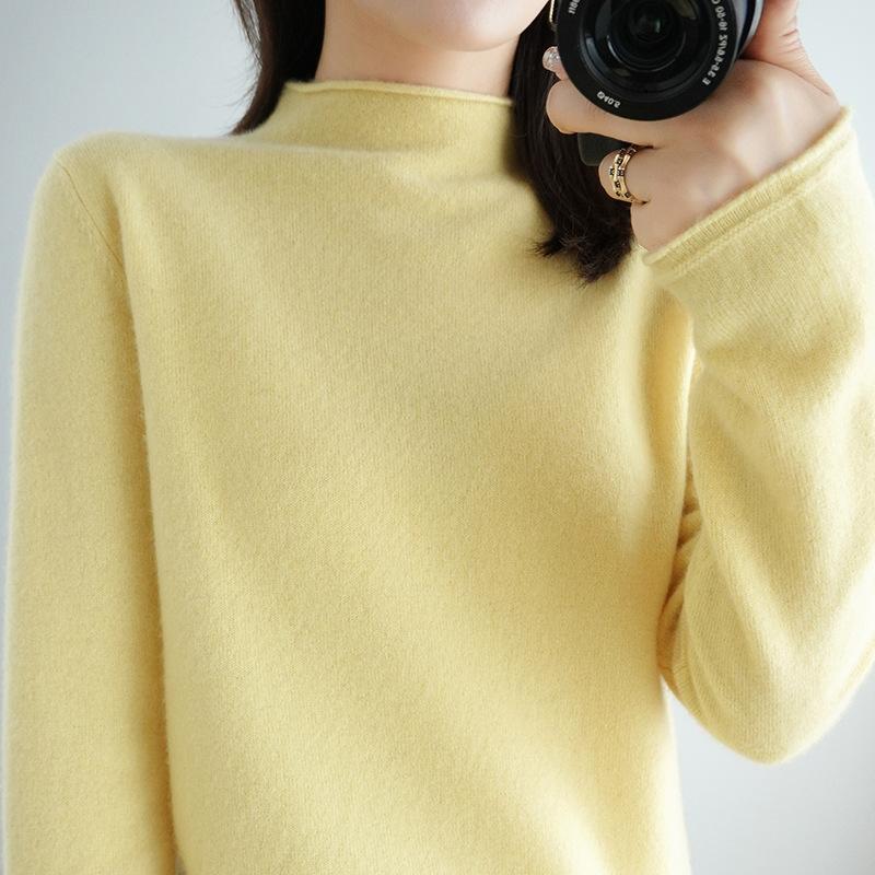 Осенне-зимний женский свитер из чистой шерсти, пуловер с полувысоким закругленным краем, свитер с длинными рукавами, тонкий трикотаж