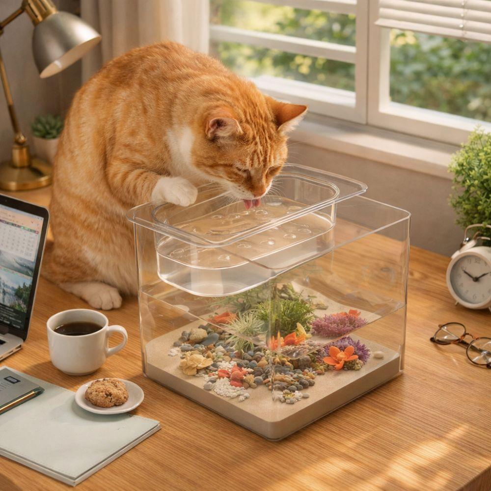 Cube Double-layer Fish Tank Plastic Cat Drinking Bowls Goldfish Tanks Landscape Ecological