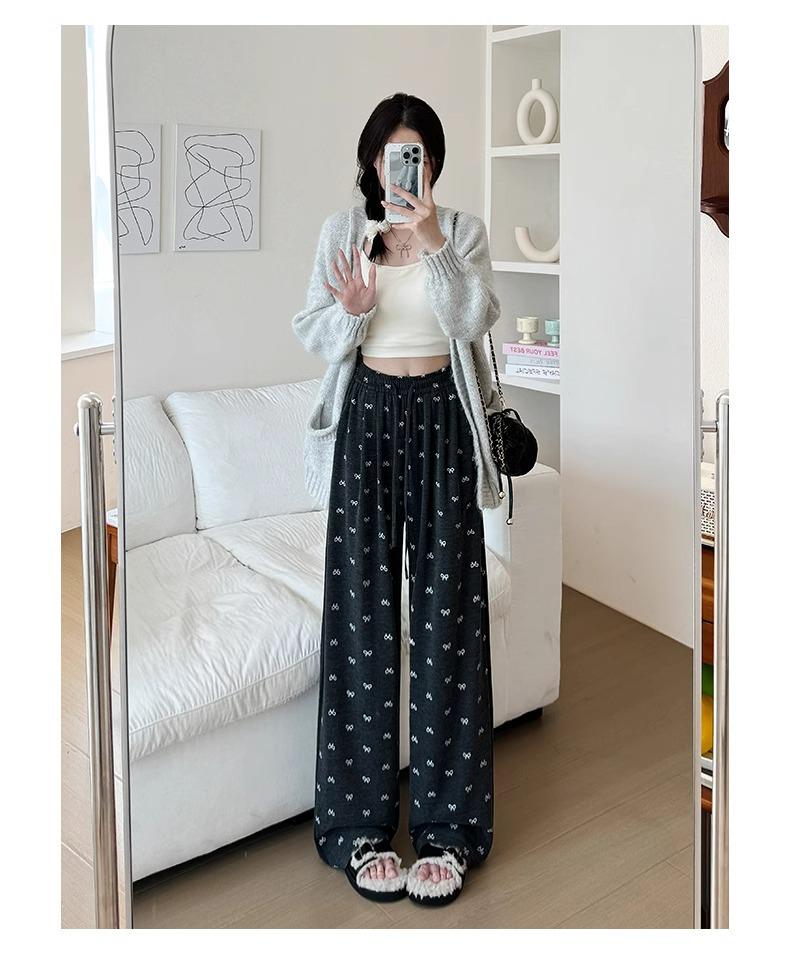 Маленький бантик Брюки с высокой талией и широкими штанинами - Женские Весенне-осенние Мягкие Прямые штанины