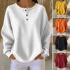 Women Tops Crew Neck Buttons Decor Long Sleeve Pullover Tops Solid Color Waffle Weave Textured Blouse Daily Wear