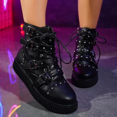 Весенние Новые Ботинки на Плоской Подошве Женские Круглый Носок Заклепки Шнуровка Сбоку Молния Противоскользящие Износостойкие Короткие Ботинки