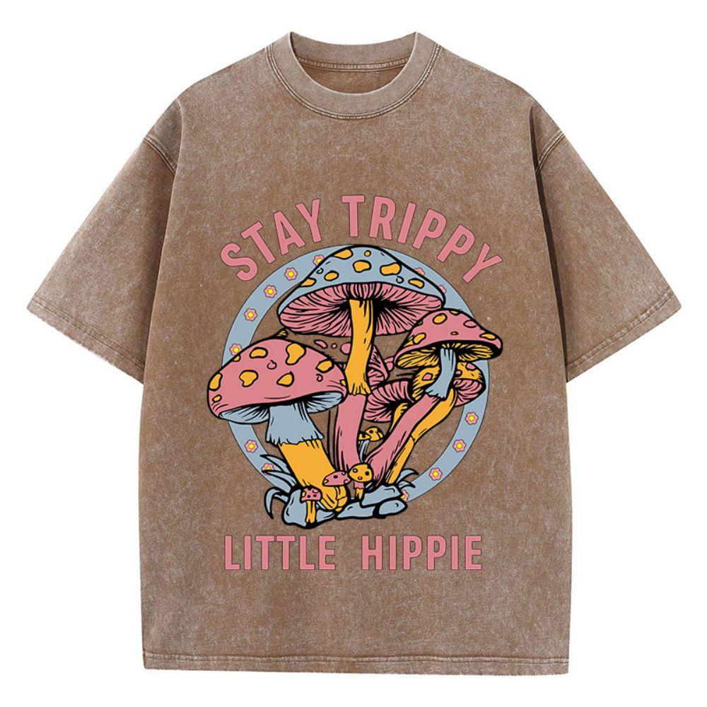 Летние женские хлопковые стираные футболки Stay Trippy Little Hippie Mushroom Printed Streetwear Свободная винтажная женская одежда с круглым вырезом