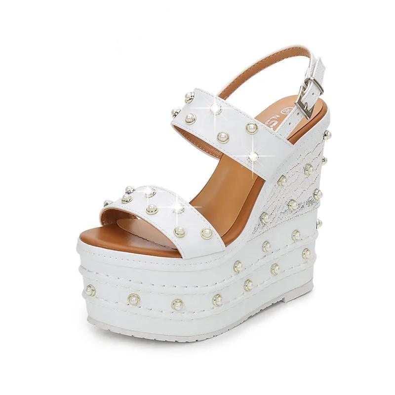 Модные 16 см Босоножки на платформе и танкетке на супервысоком каблуке Летняя обувь Женская обувь со стразами Открытый носок Пляжная обувь Туфли-лодочки Шлепанцы Летняя обувь