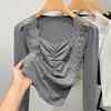 Long-sleeved Base Shirt for Women's Autumn Women's Lace Thread T-shirt Design Sense Inner Pleated Top