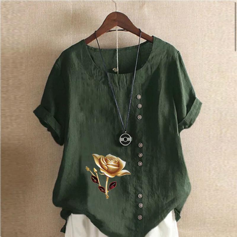 Women's Fashion Round Neck Short Sleeve T-shirt Casual Cotton Linen Graphic Shirt Leisure Loose Flower Prined Summer Blouse Tops