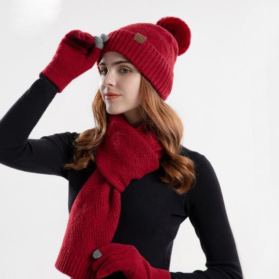Women's Winter Hat Scarf Gloves Set Faux Fur Pompom Ball Knitted Cap Long Scarf Touch Screen Gloves Set for Cold Weather