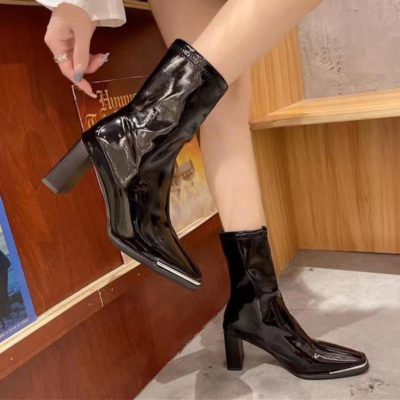 Женские кожаные ботильоны с квадратным носком, элегантные туфли на высоком каблуке, женская мода 2025 года, зимние новые туфли-лодочки, мотоциклетные ботинки Mujer Botas