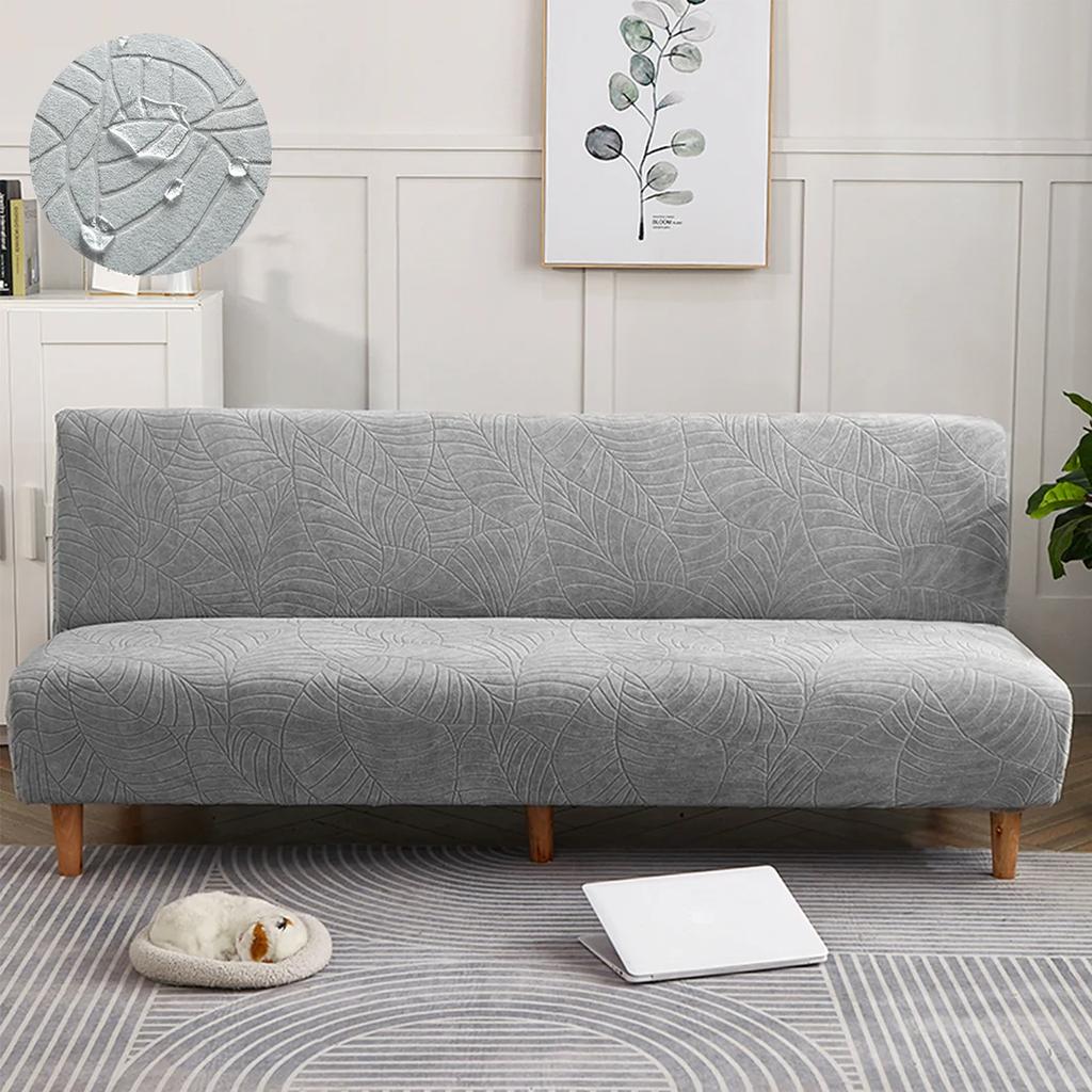 1Pc Large Size Water Resistant Leaf Texture Jacquard Stretch Armless Sofa Bed Cover Spandex Non Slip Soft Couch Slipcover