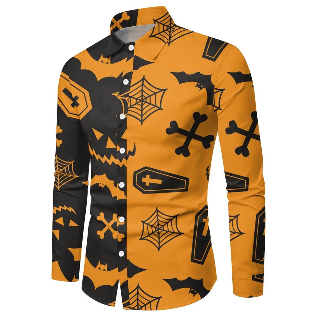 Мужская рубашка на Хэллоуин с тыквой, приталенная рубашка на пуговицах с длинным рукавом, забавная гавайская пляжная рубашка, тематическая одежда для вечеринок