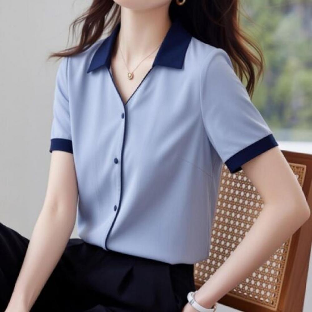 NaVaVa Women S Clean Office Color Block V Neck Collar Short SleeVe Shirt blouSe