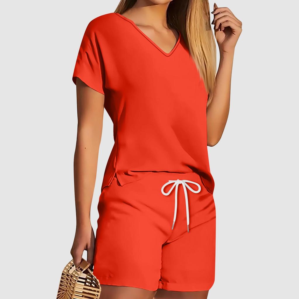 Женские комплекты футболок, футболок и шорт, повседневные комплекты с v-образным вырезом, стандартный крой, элегантные повседневные комплекты 2024, однотонные комплекты