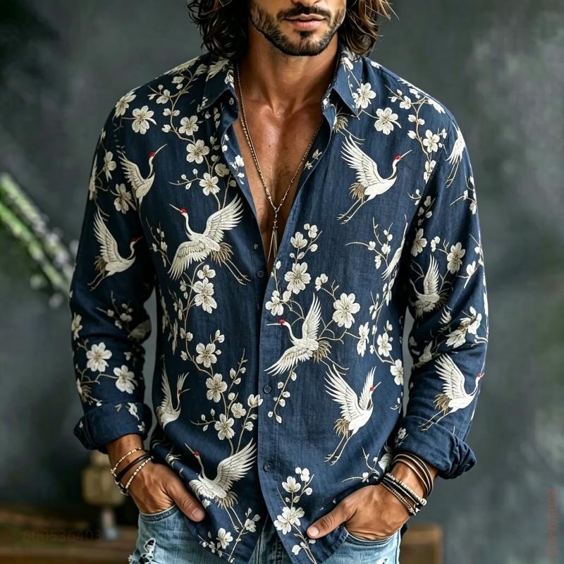 Men's Long Sleeved Shirt, Crane Plum Blossom Full Printed Shirt, Versatile and Comfortable Top for Daily Gatherings and Outings