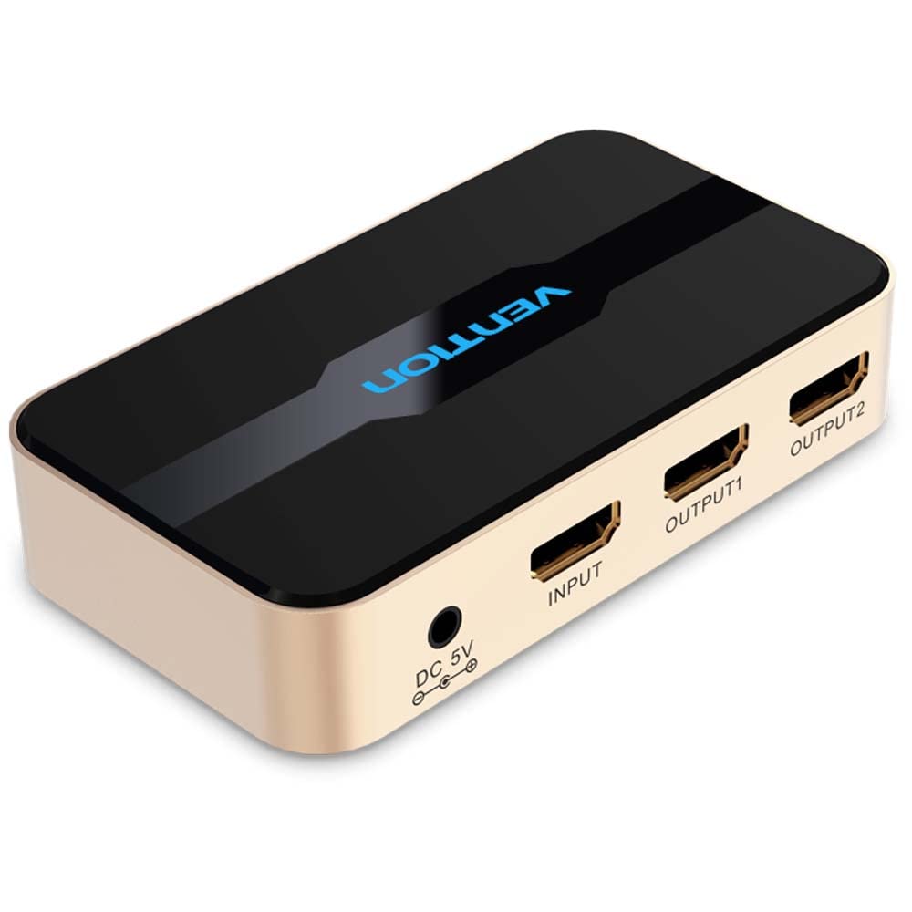 Разветвитель HDMI VENTION, 1 вход, 4 выхода, одновременный вывод на 2 экрана 4K, синхронизация звука, конвертер HDMI в VGA (ACCG0) (1 Вход 2 Выхода, Черный + Золотой)