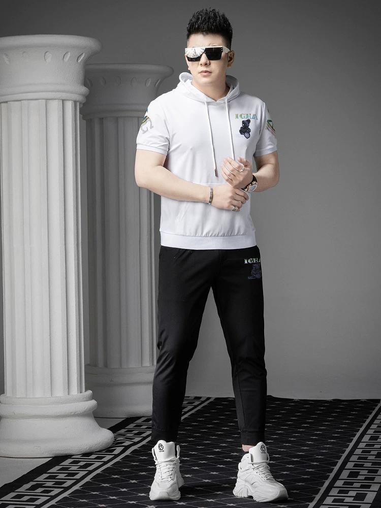 Ozhouzhan 2025 New Short sleeve T-shirt Trousers Casual Set Summer Fashion Brand Hoodie Men's Two-piece Set