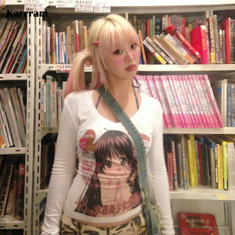 VAYLA Японская футболка с аниме-принтом в стиле Y2k, эстетика 2000-х, футболка с длинным рукавом, винтажный Харадзюку, V-образный вырез, белые топы, кавайи, лолита