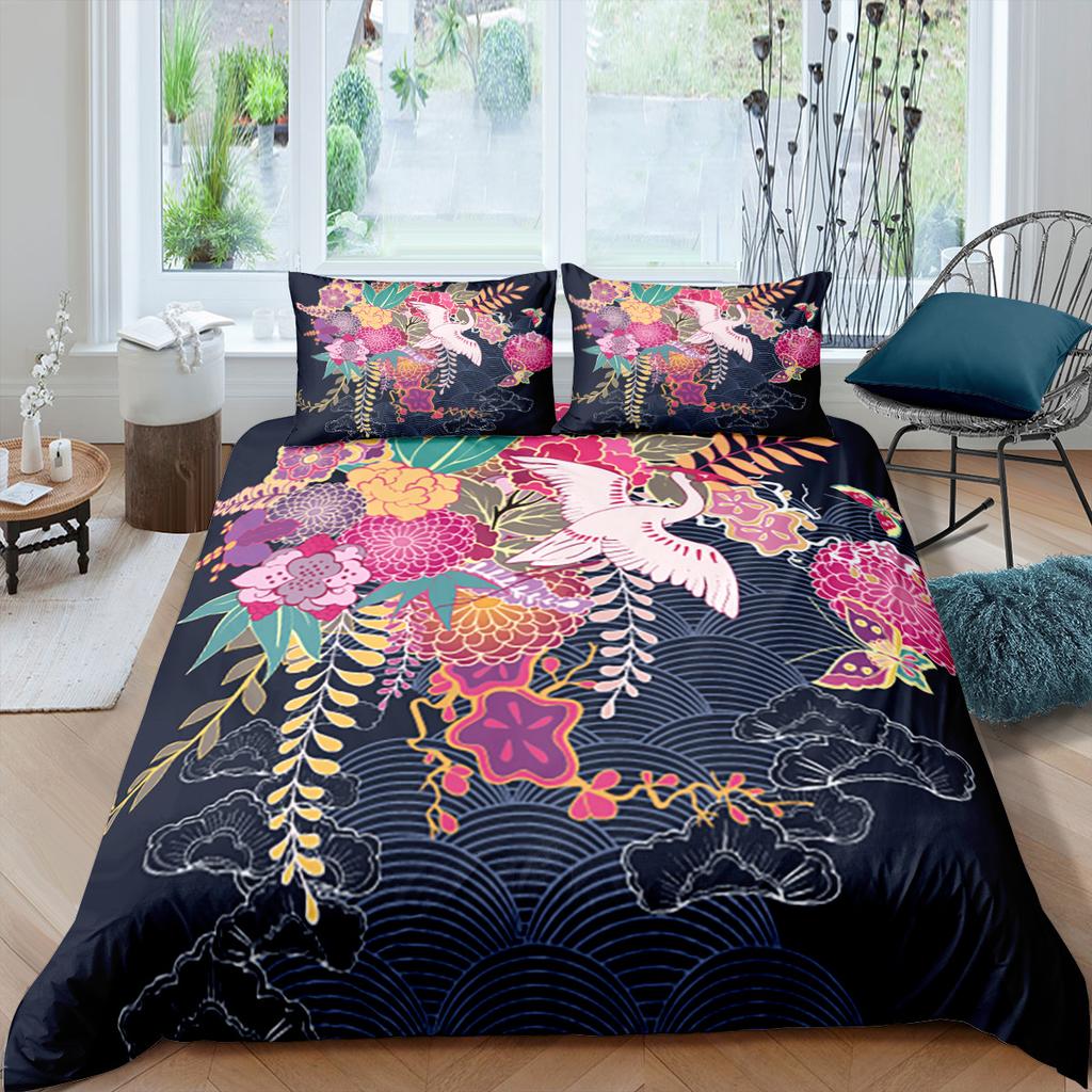 Пододеяльник с японским журавлем King Queen Size Wave Flower Ukiyo-e Style Комплект постельного белья Восточная культура 2/3 шт. Полиэстеровый пододеяльник
