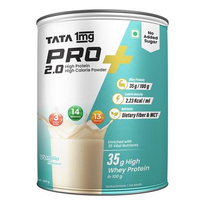 Tata 1mg Pro+ 2.0 Высокобелковый, Высококалорийный Сывороточный Порошок с MCT и Аминокислотами для Энергии, Силы Мышц и Костей, Без Добавленного Сахара, Ванильный Вкус