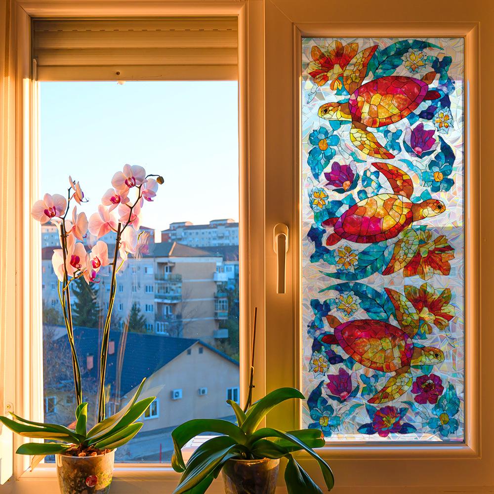 Персонализированные лазерной резки блестящие черепахи и цветочные декоративные статические наклейки для стеклянных дверей и окон ванной комнаты