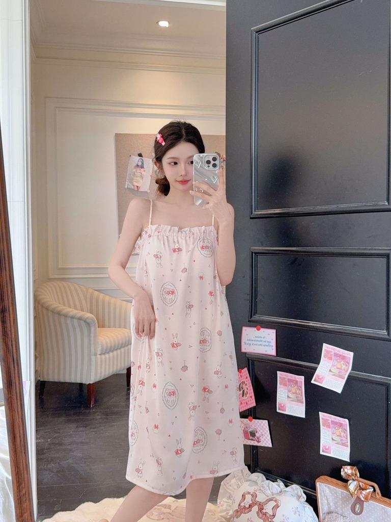 Girl Sleepwear Ice Silk Bear Nightdress Summer Loungewear For Teen Girls