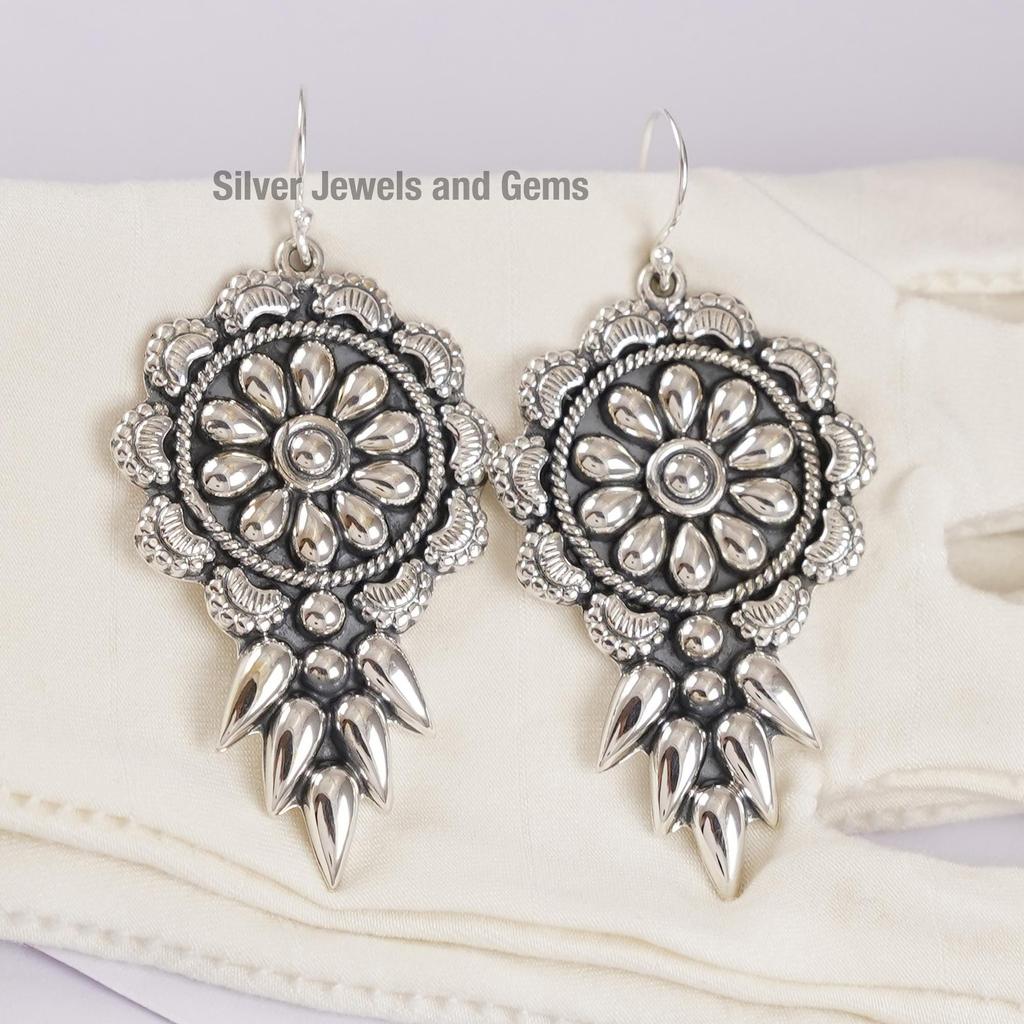 925 Sterling Silver Earrings, Puffed Designer Long Earring, Gift for Wife, Plain Silver Jewelry, Handmade Earrings, Western Design
