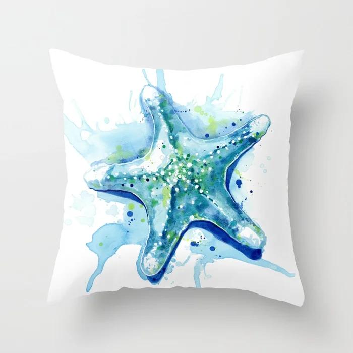 Watercolor ocean theme pillowcase starfish octopus mermaid crab cushion cover home sofa bedroom decoration  ornament