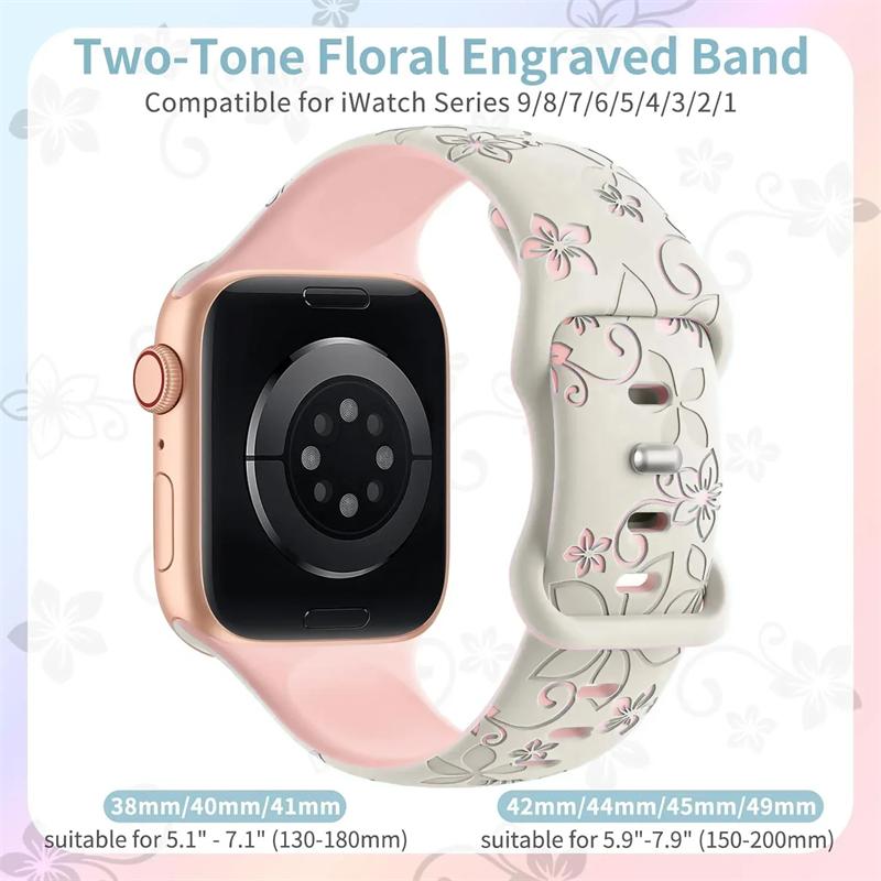 Floral Engraved Strap For Apple Watch Band 46mm 49mm 45mm 44mm 42mm 41mm 40mm 38mm Silicone Sport Bracelet iWatch Series 10 SE 9 8 7 6 Ultra 2