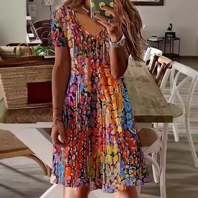 European and American summer new V-neck printed short-sleeved women's dress printed dress