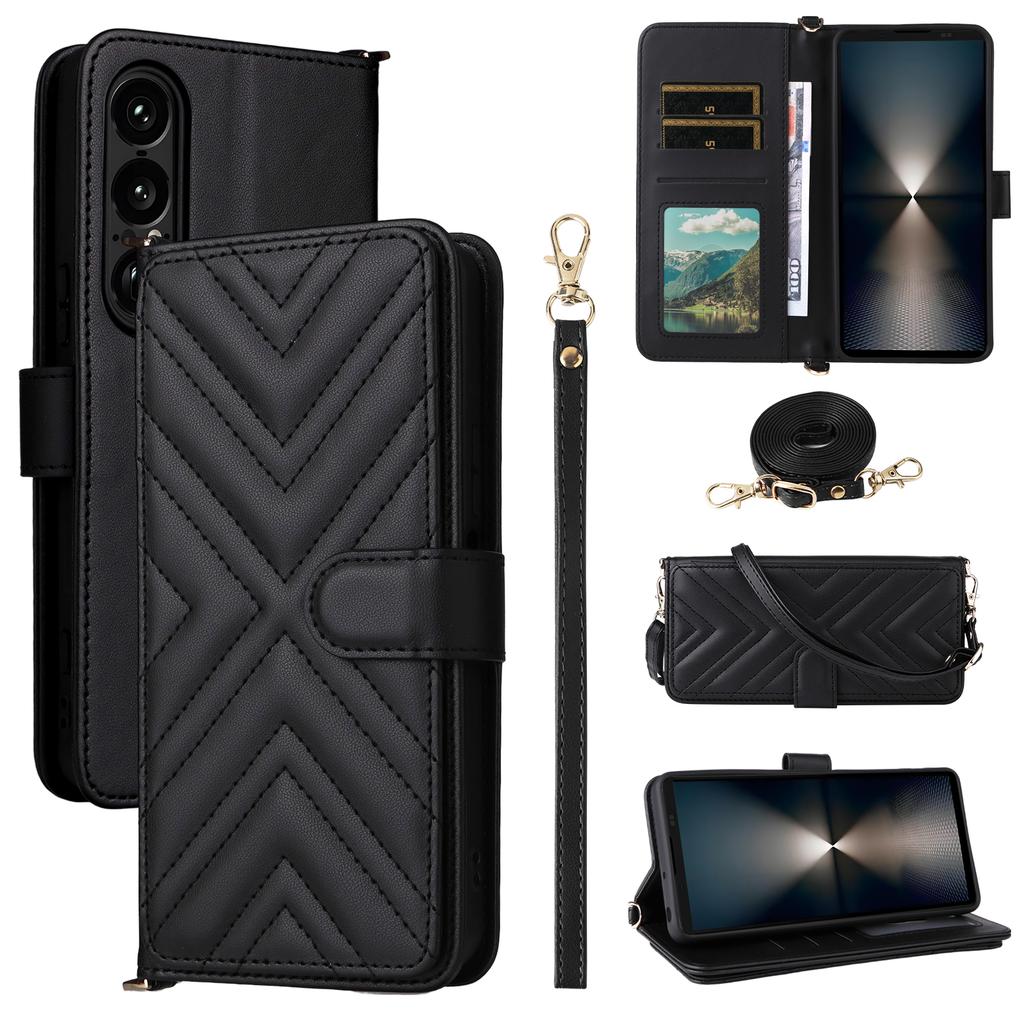 For Sony Xperia 1 VII Wallet Case with Shoulder/Wrist Strap Leather Phone Cover Stand
