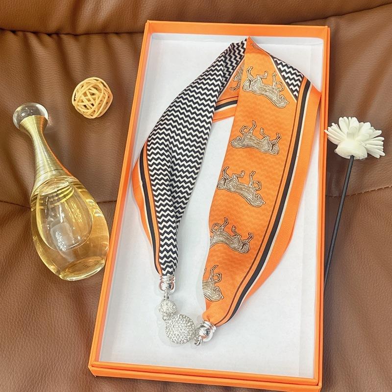 Silk Scarf Women's Spring, Autumn and Summer New Fashion Neck Protection Decoration Long Necklace Type Magnetic Buckle Scarf Small Scarf