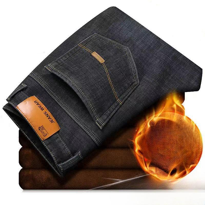 Мужские зимние теплые джинсы больших размеров, деловые повседневные прямые свободные брюки, мужские брендовые брюки