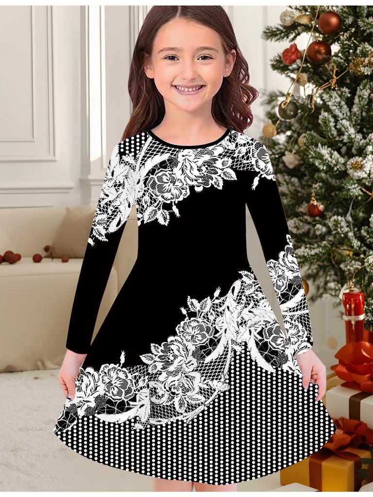 Girls' Autumn and Winter Fashion Dress, 3D Abstract Pattern Print Round Neck Long Children's T-shirt Dress, Casual Versatile, Christmas Clothing